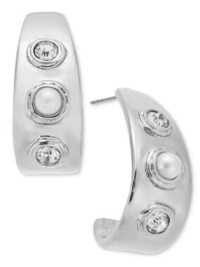 INC International Concepts Silver Tone Crystal Hoop Earrings Wide Hoop 1.2” Drop
